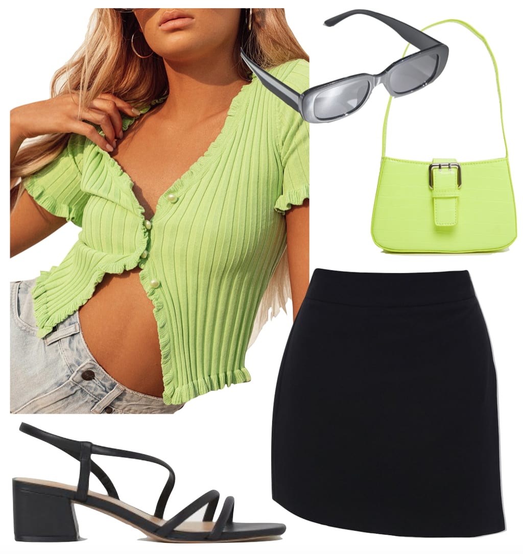 Kendall Jenner Outfit: lime green ribbed short sleeve cardigan top, lime green shoulder bag, black mini skort, black rectangle sunglasses, and black strappy sandals