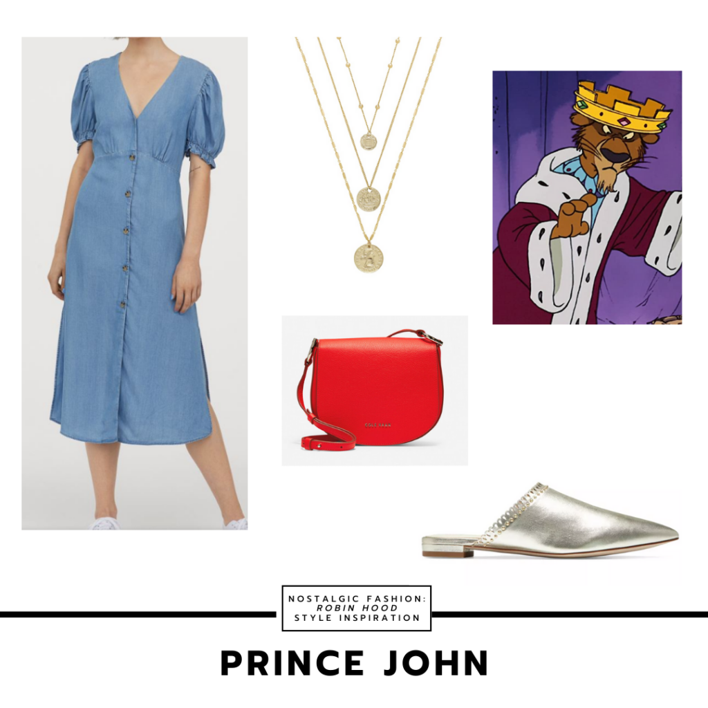 Prince John Disney bound outfit inspired by Robin Hood - blue dress, red purse, layered necklace, slip on mules