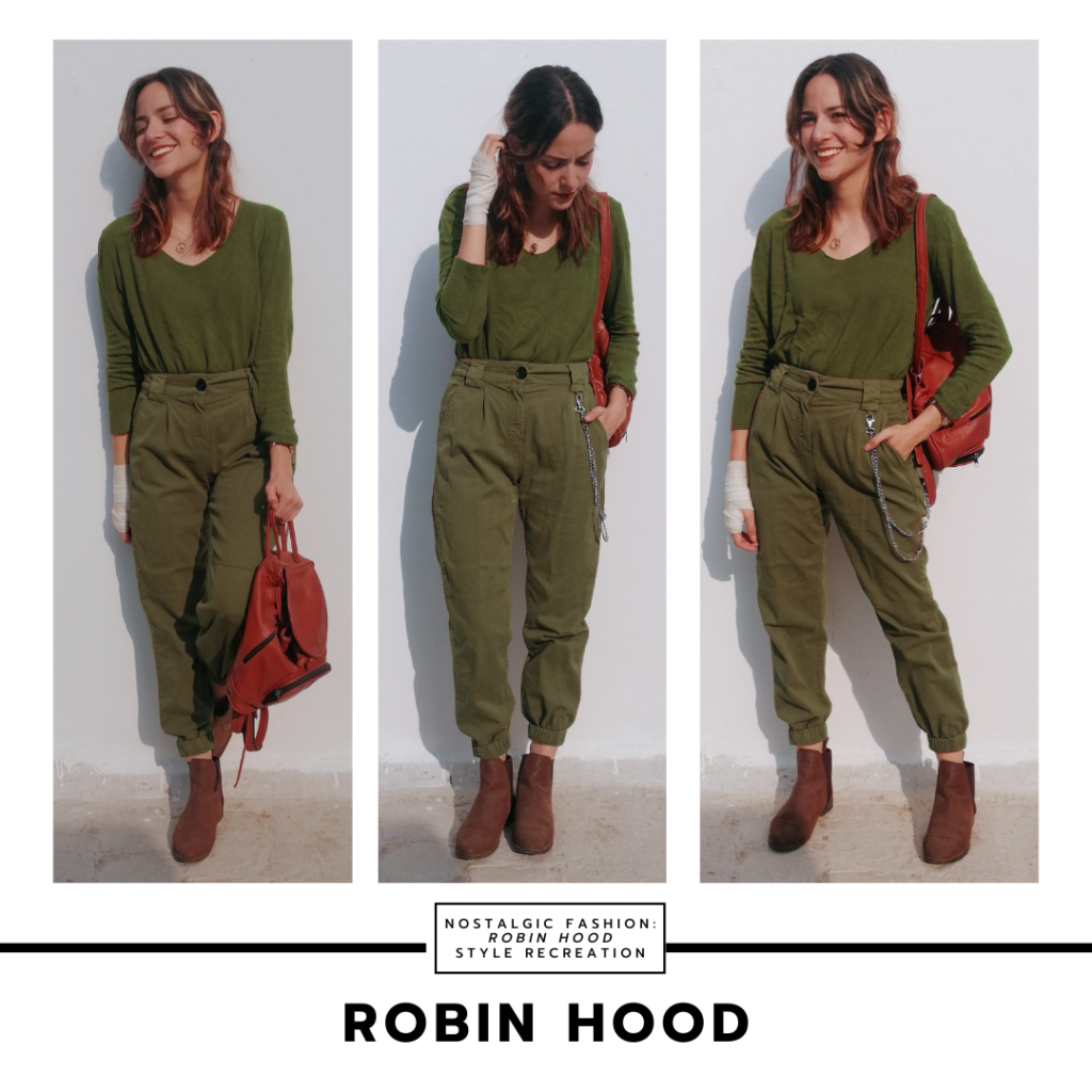 Disneybound inspired by Robin Hood 1973 -- army green pants, v-neck long sleeve shirt, brown ankle boots