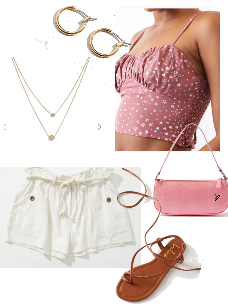 Girly summer outfit with pink crop top, white shorts, pink mini bag, lace up sandals, layered necklace