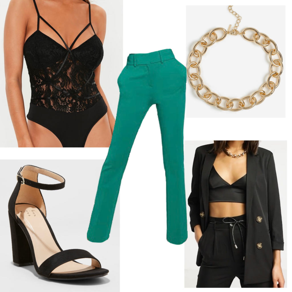 Outfit set featuring green trousers, black jacket, black heels, gold chain necklace, bodysuit