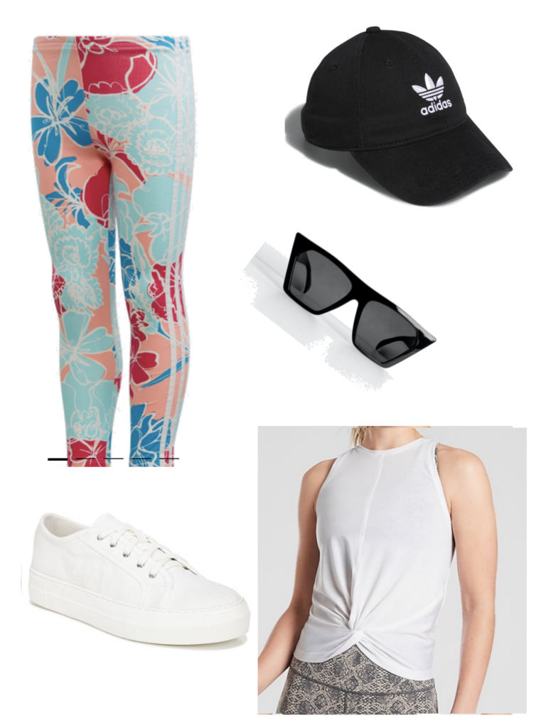 Athleisure outfit for summer with white sneakers, printed leggings, sunglasses, tie-front top