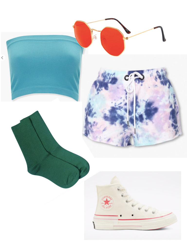 Colorful summer outfit with tie dye shorts, Converse, a blue tube top, and colorful sunglasses