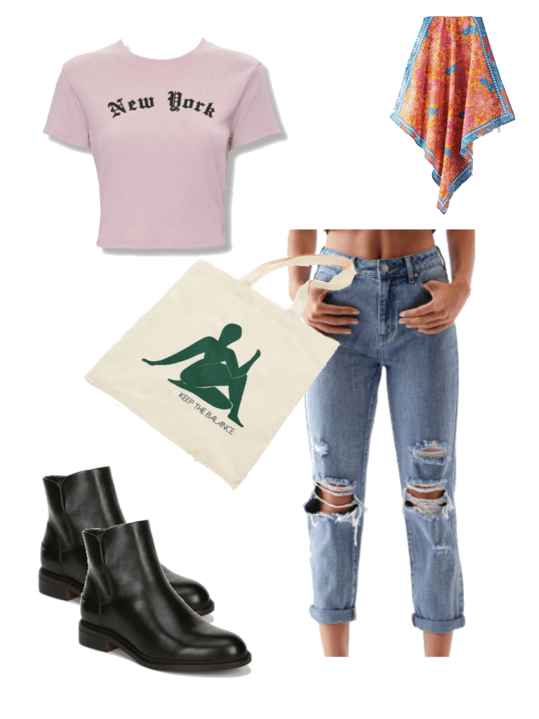 How to wear ankle booties in summer: Black ankle boots, ripped jeans, New York crop top, scarf, reusable tote bag