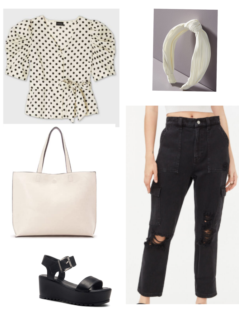 Black and white outfit for summer: Black ripped jeans, polka dot top, tote bag, chunky platform sandals, white headband