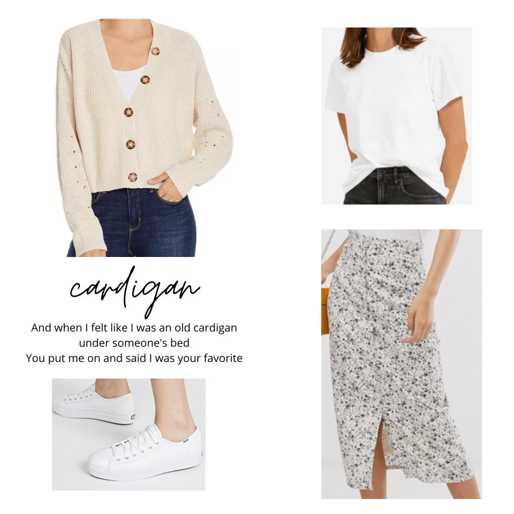 Taylor Swift folklore fashion: Outfit inspired by the track cardigan with button down cardigan, white t-shirt, floral skirt, Keds sneakers