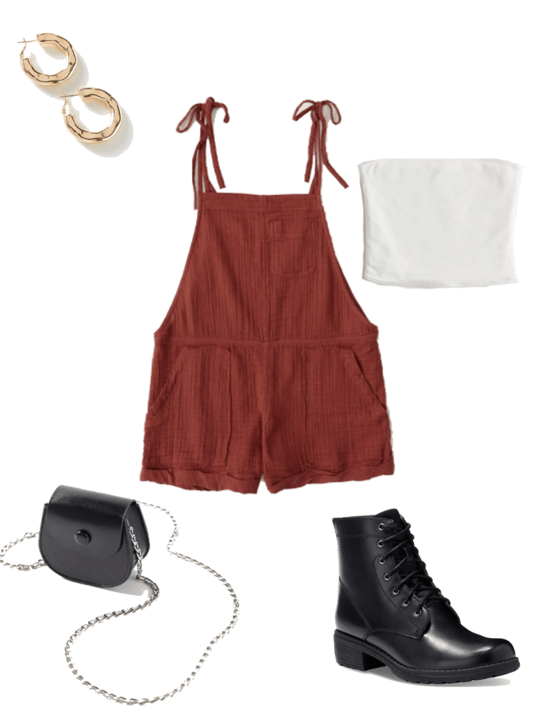 How to wear lace up ankle booties in summer: Outfit with maroon fabric overalls, chain strap purse, white tube top, gold earrings