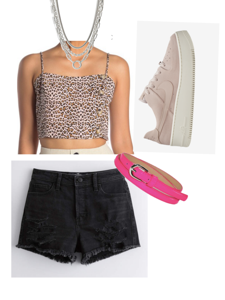 Edgy take on a casual summer outfit with black shorts, platform sneakers, layered necklaces, leopard crop top