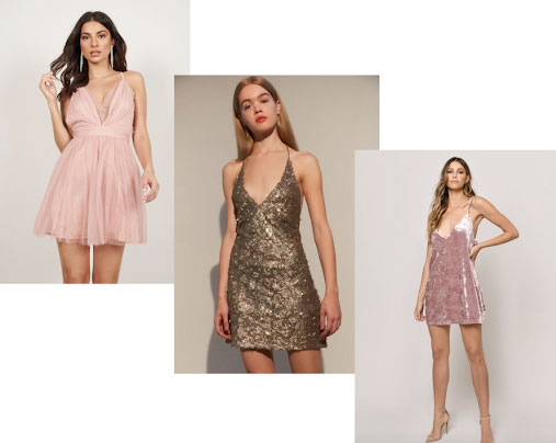 Formal dresses for college: Pink tulle dress, gold sequin dress, and pink velvet dress