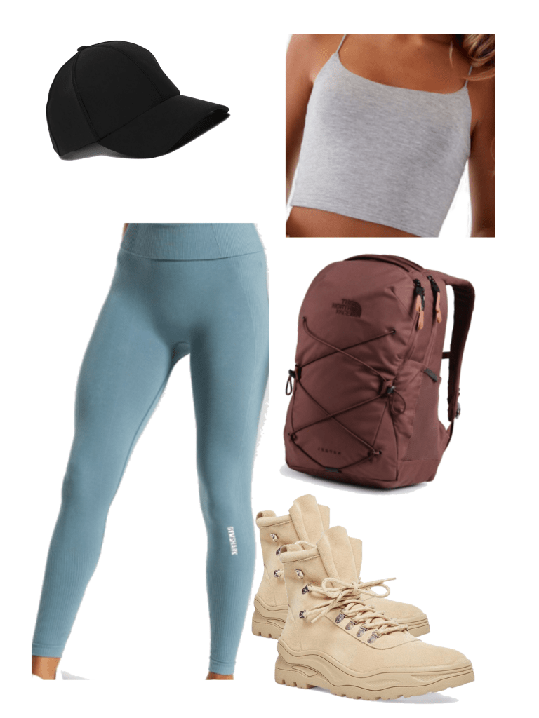 How to wear hiking boots in summer with blue leggings, gray crop tank, black hat, backpack