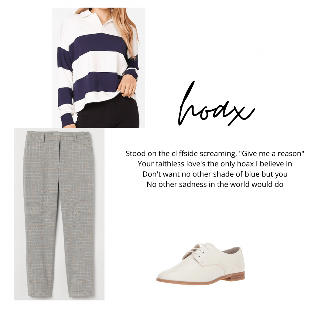 Taylor Swift Hoax inspired outfit: Plaid pants, striped rugby shirt, oxford shoes