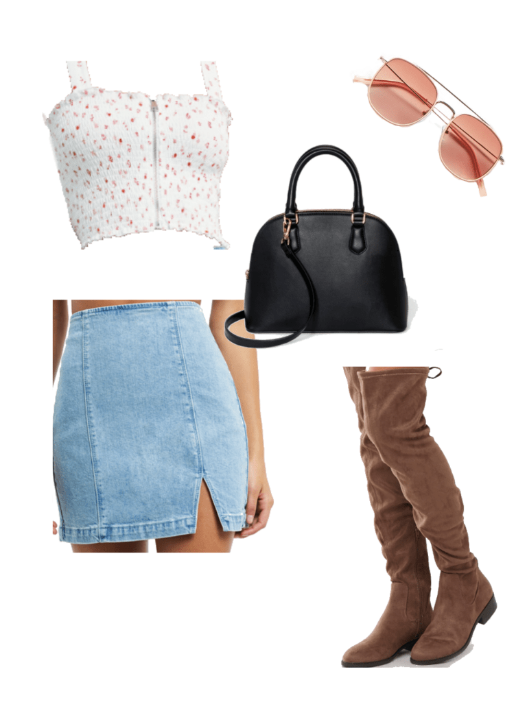 How to wear knee high suede boots in the summer with mini denim skirt, satchel bag, sunglasses, and zip front cami top