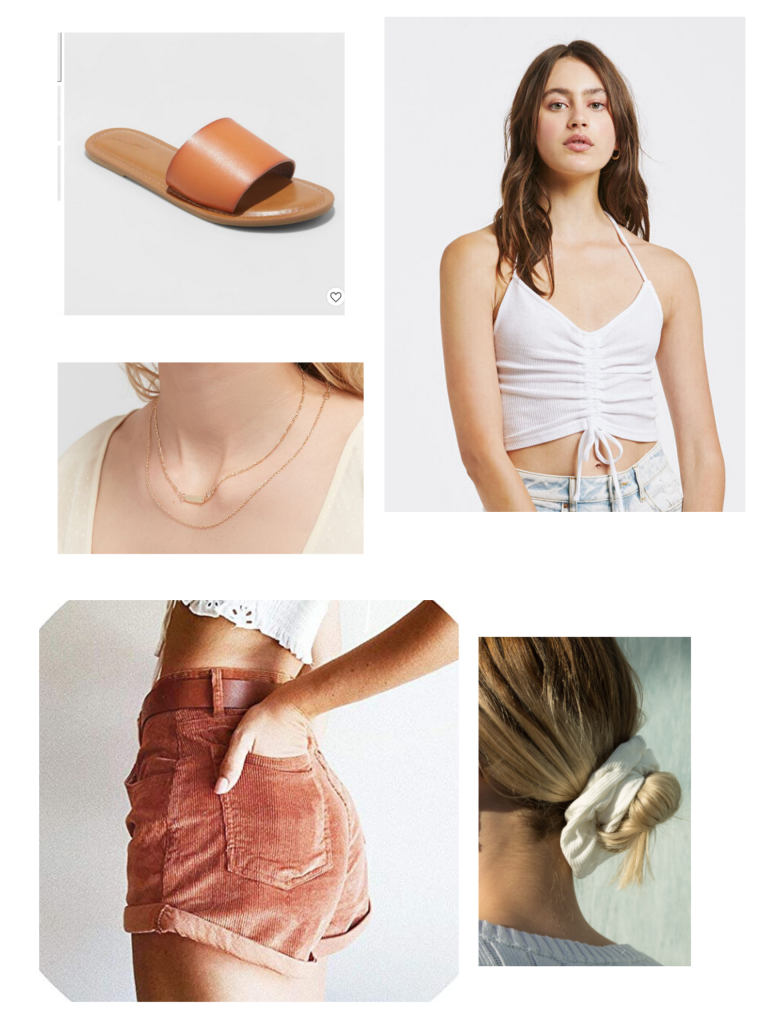 Casual summer outfits: Corduroy shorts, scrunchie, white cropped tank top, brown leather slides