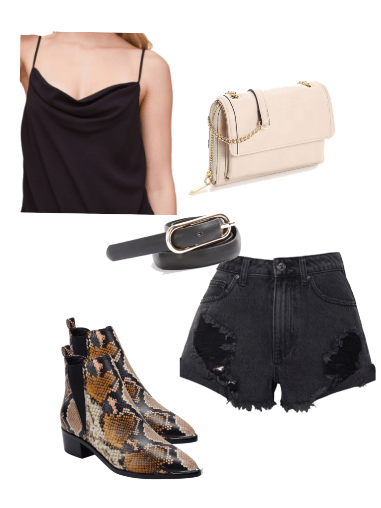 How to wear pointed toe ankle boots in summer: Outfit with ripped black shorts, black belt, cami top, beige crossbody