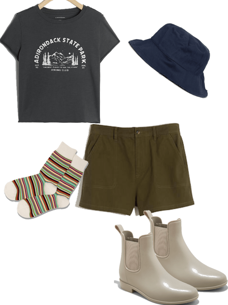 How to style Chelsea boots in the summer months: Outfit with t-shirt and shorts, striped socks, beige chelsea boots, and bucket hat