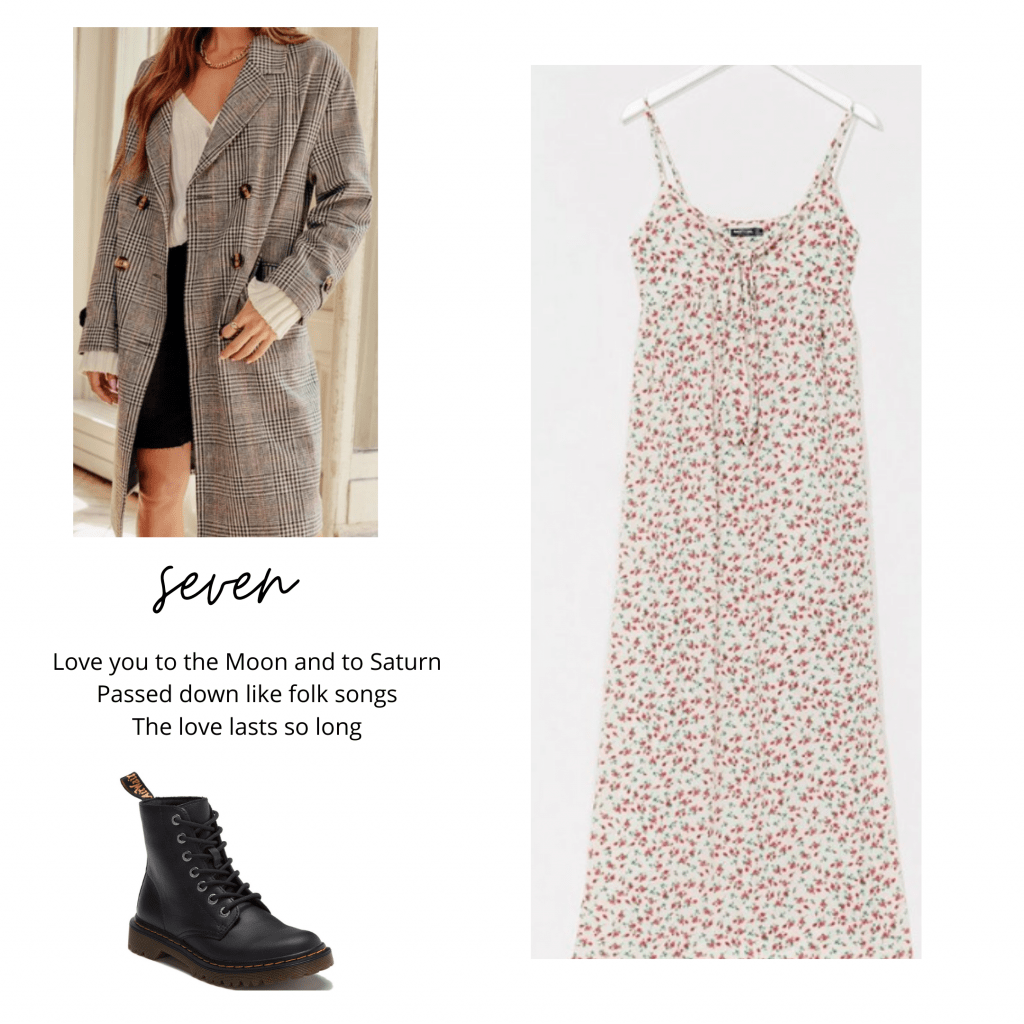 Taylor Swift folklore outfits: Fashion inspired by Seven with floral maxi dress, Doc Martens boots, plaid oversized coat