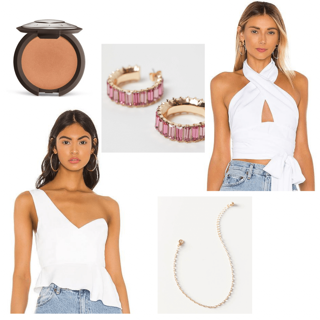 Recruitment zoom outfit ideas: One-shoulder white top or white halter top, cute jewelry, bronzer