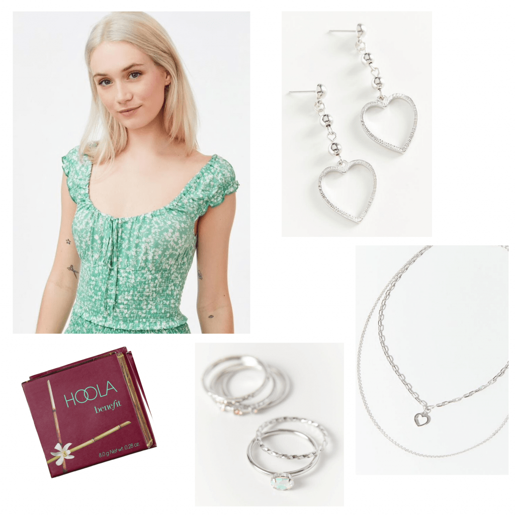 Virtual sorority recruitment outfit: Green peasant top, silver jewelry, bronzer