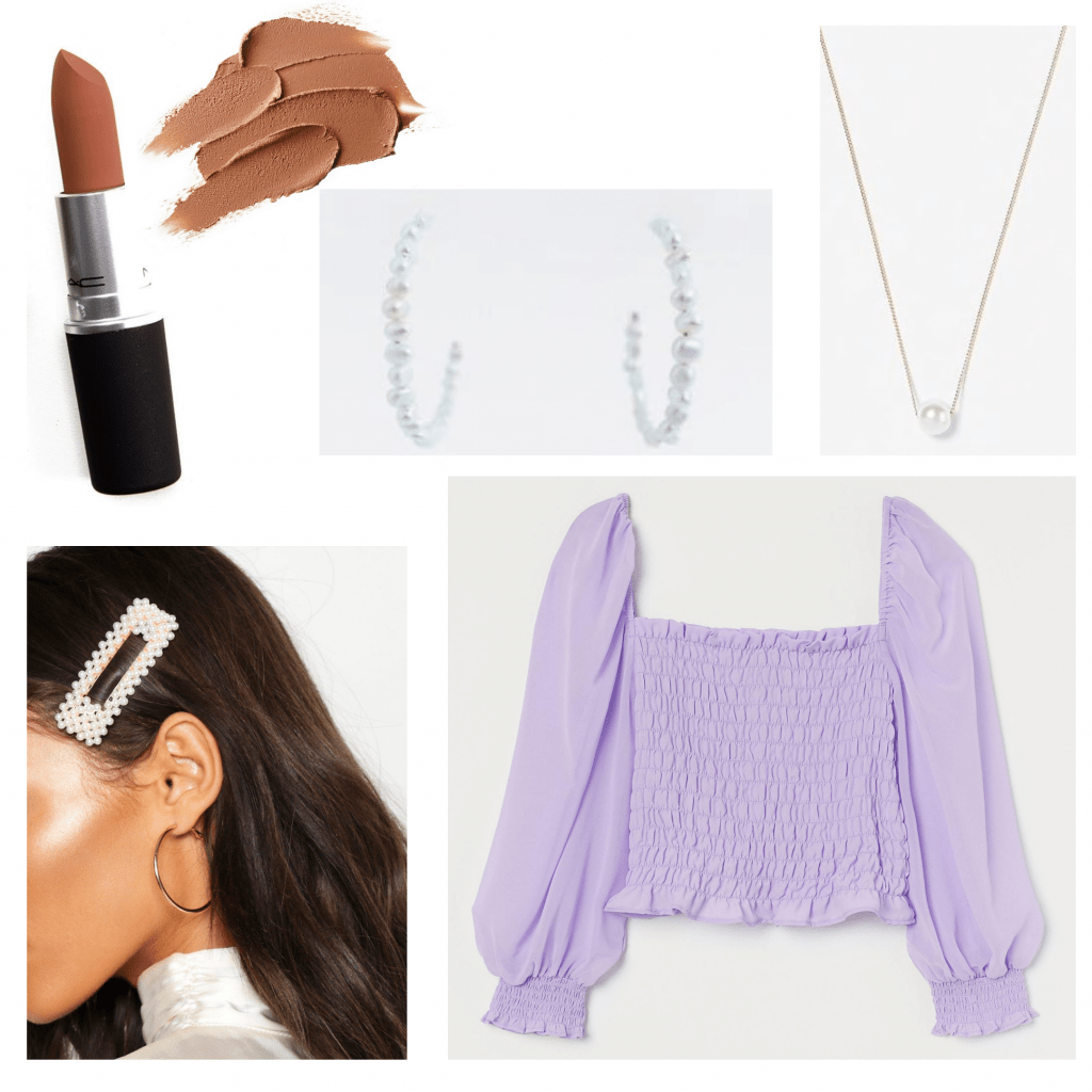 Virtual sorority recruitment outfit, day 3: Lavender top, silver jewelry, dark lipstick, pearl hair clip