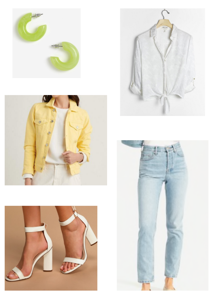 Casual summer look with white tie front top, green earrings, yellow denim jacket, white heels, mom jeans