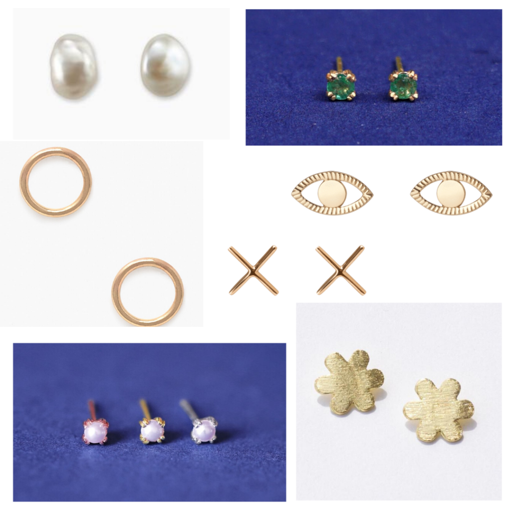 Timeless jewelry - stud earrings roundup with pearl studs, emerald studs, gold shape studs, x shaped studs