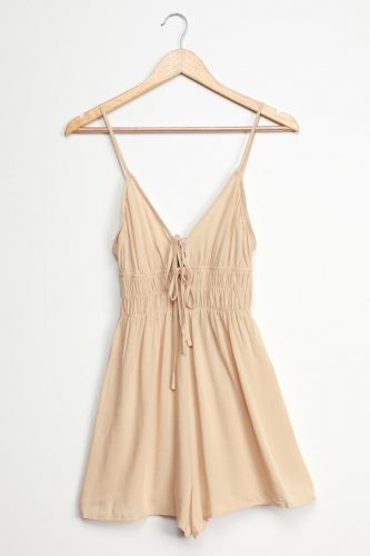 Ruched waist beige romper from Lulus