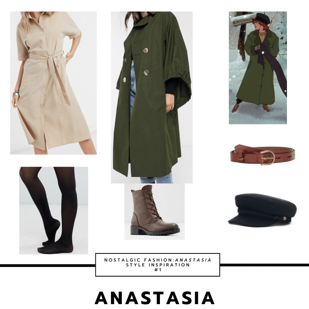 Anastasia fashion: Style inspiration inspired by her Anya look with green coat, beige dress, boots, black tights, cabby hat