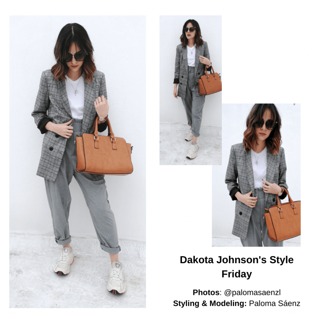 Dakota johnson outfit - Plaid blazer, slacks, cognac purse, sneakers