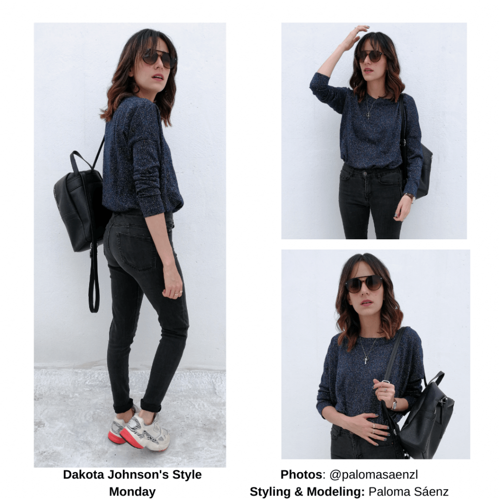 Casual outfit inspired by Dakota Johnson with black skinny jeans, slouchy sweater, mini backpack, sunglasses