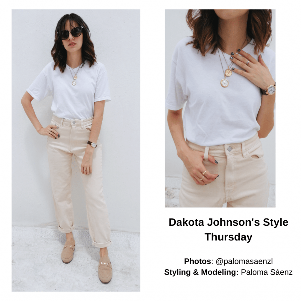 Dakota Johnson neutral outfit with chinos, white shirt, layered necklaces