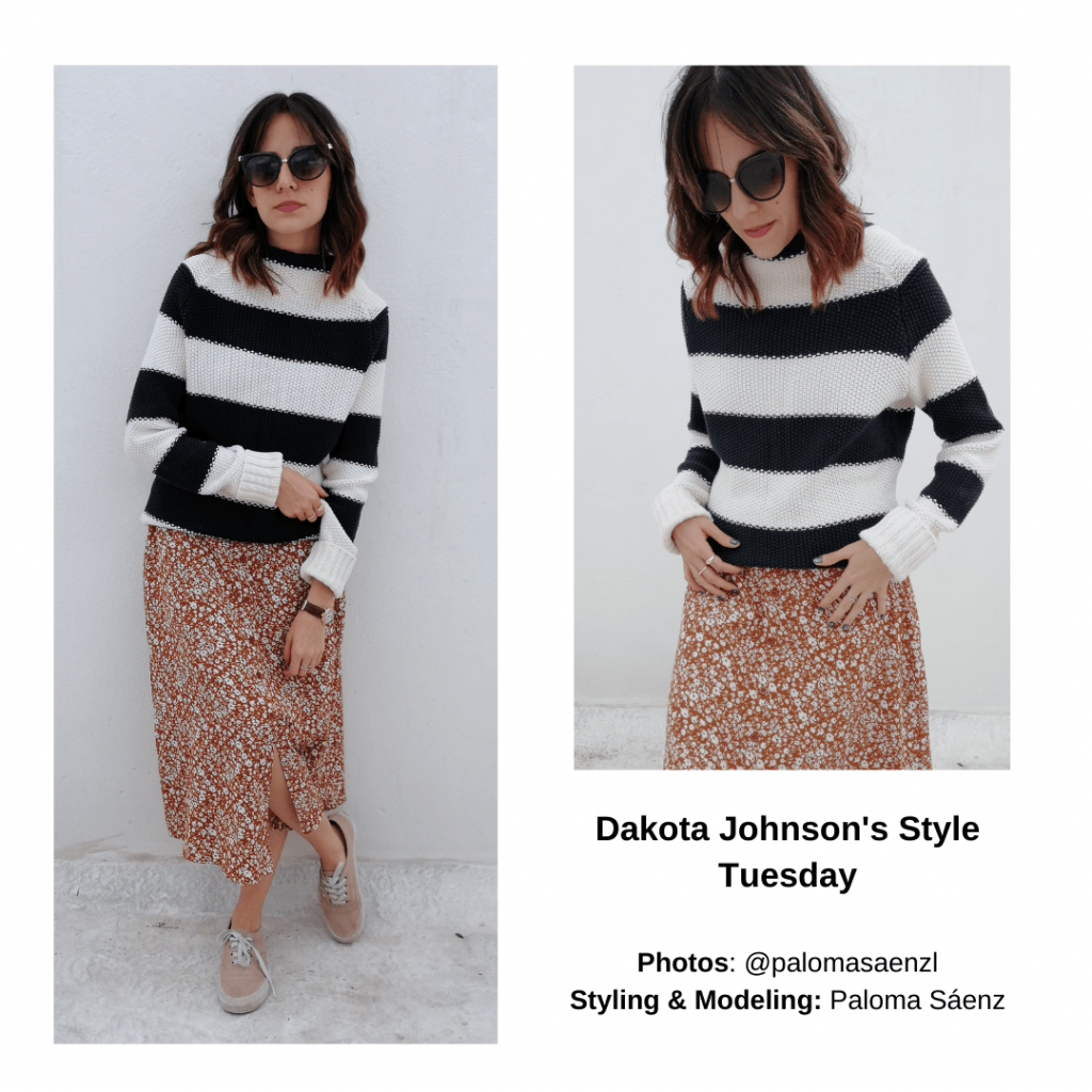 Outfit inspired by Dakota Johnson with striped sweater, printed midi skirt, Vans sneakers