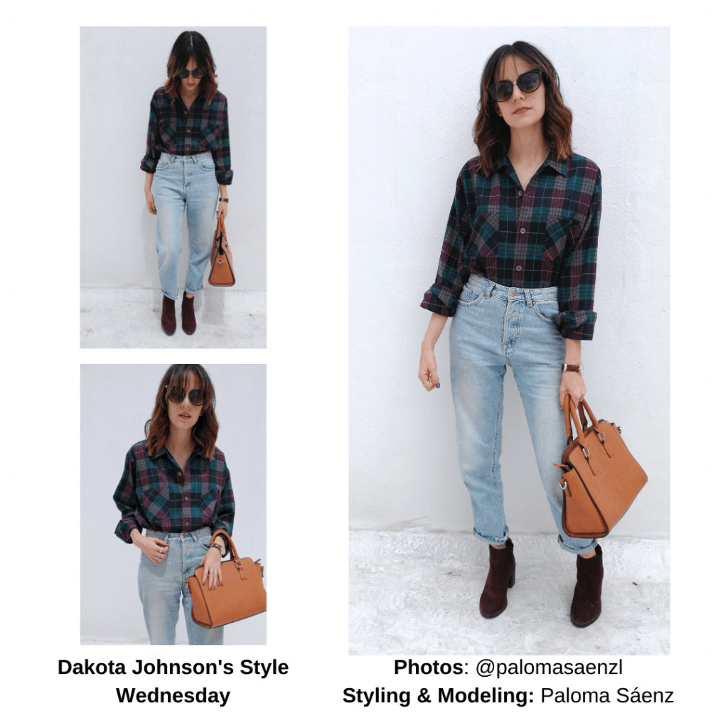 Dakota Johnson outfit with plaid shirt, mom jeans, ankle boots, cognac purse