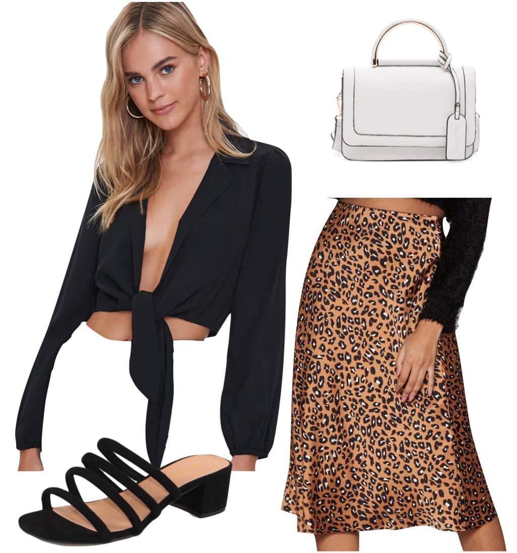 Eiza Gonzalez Outfit #1: leopard print midi skirt, black cropped tie-front top, black faux suede strappy mules, and white mini handbag