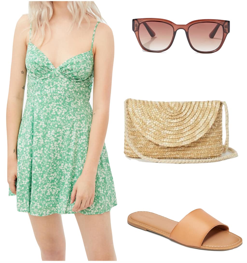 Liza Gonzalez Outfit #2: green floral v-neck mini dress, brown flat slide sandals, woven straw crossbody bag, and sunglasses