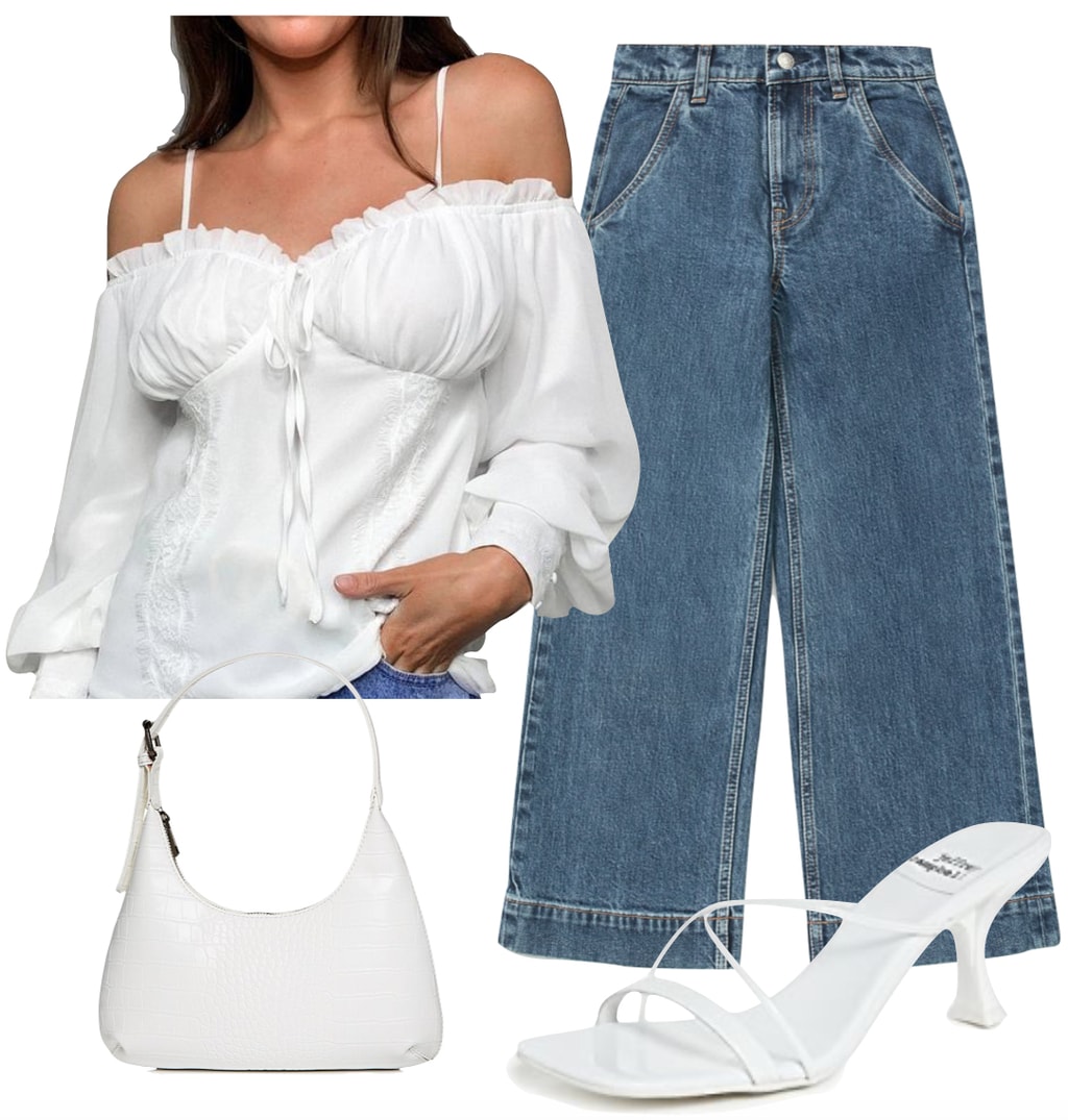 Eiza Gonzalez Outfit 3: white ruched bust blouse, cropped wide-leg jeans, white mules sandals, and white mini handbag