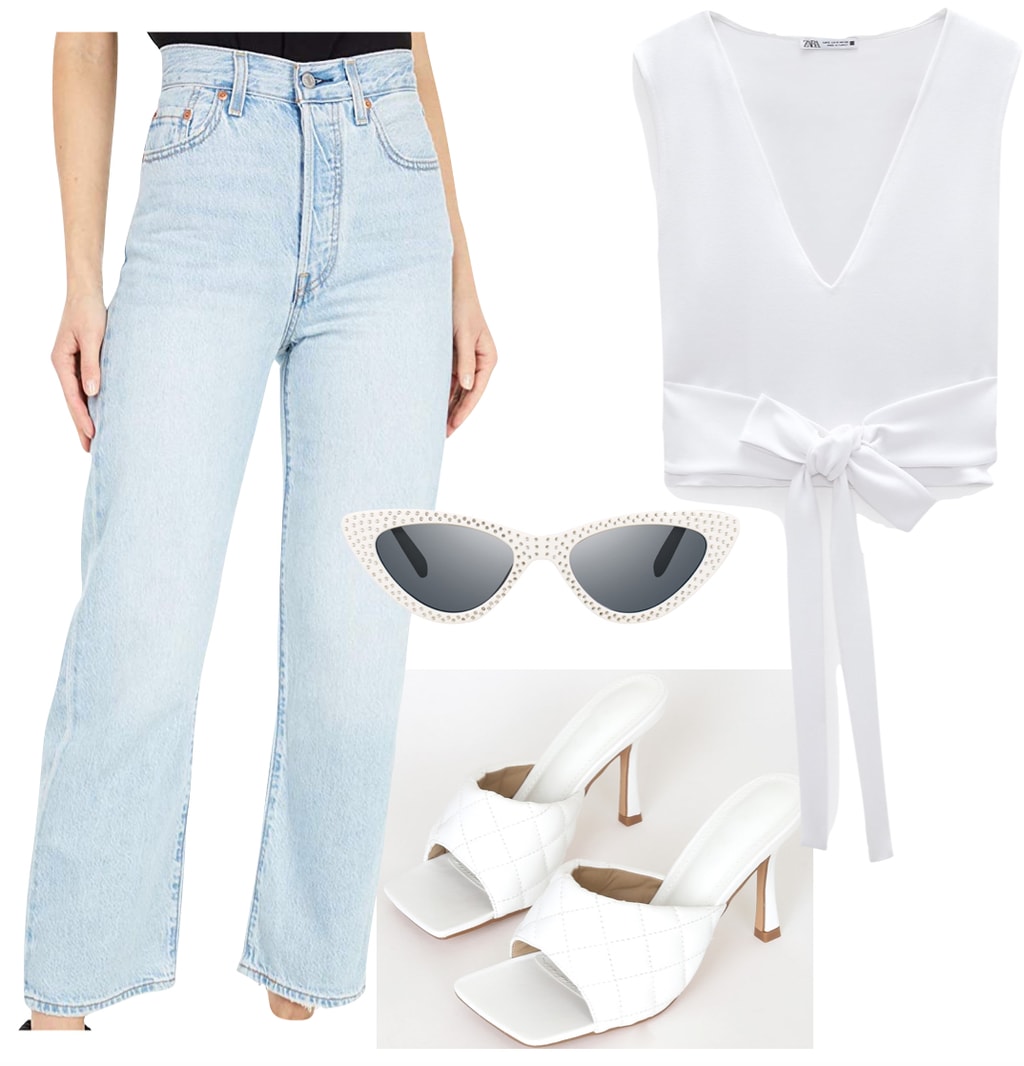 Jordyn Woods Outfit #1: Levi's light wash straight leg jeans, white v-neck tie-front top, white studded cat-eye sunglasses, and white quilted mules