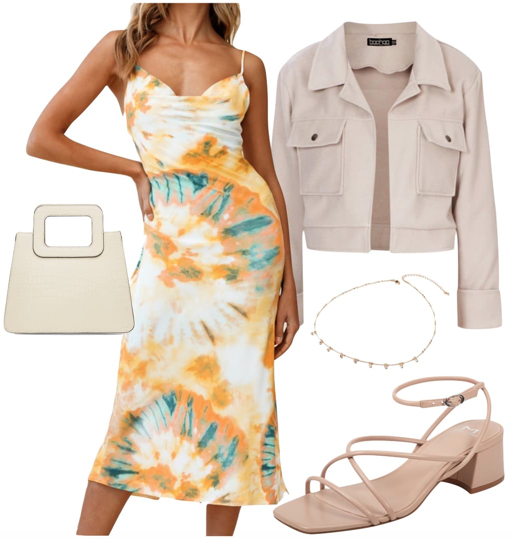 Jordyn Woods Outfit #2: orange tie-dye slip midi dress, beige crop jacket, cream handbag, rhinestone charm necklace, and beige strappy sandals