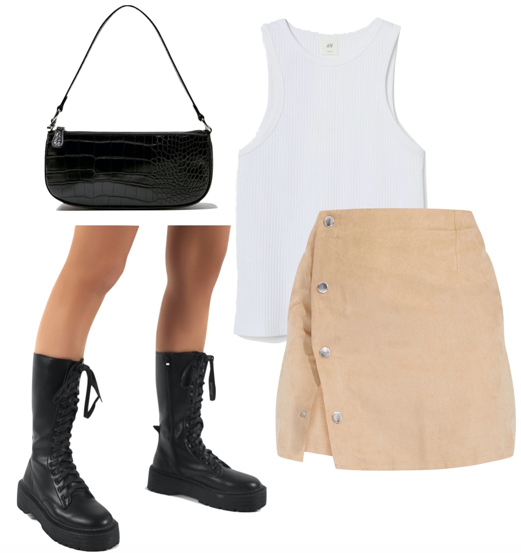 Kendall Jenner Outfit: white tank top, beige button front mini skirt, black crocodile shoulder bag, and black chunky lace-up mid-calf boots