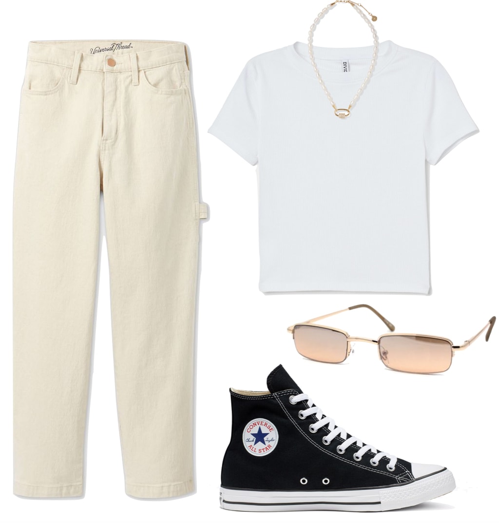 Madison Beer Outfit: cropped white t-shirt, pearl choker necklace, ecru straight leg jeans, black Converse Chuck Taylor All Star sneakers, rectangle metal sunglasses