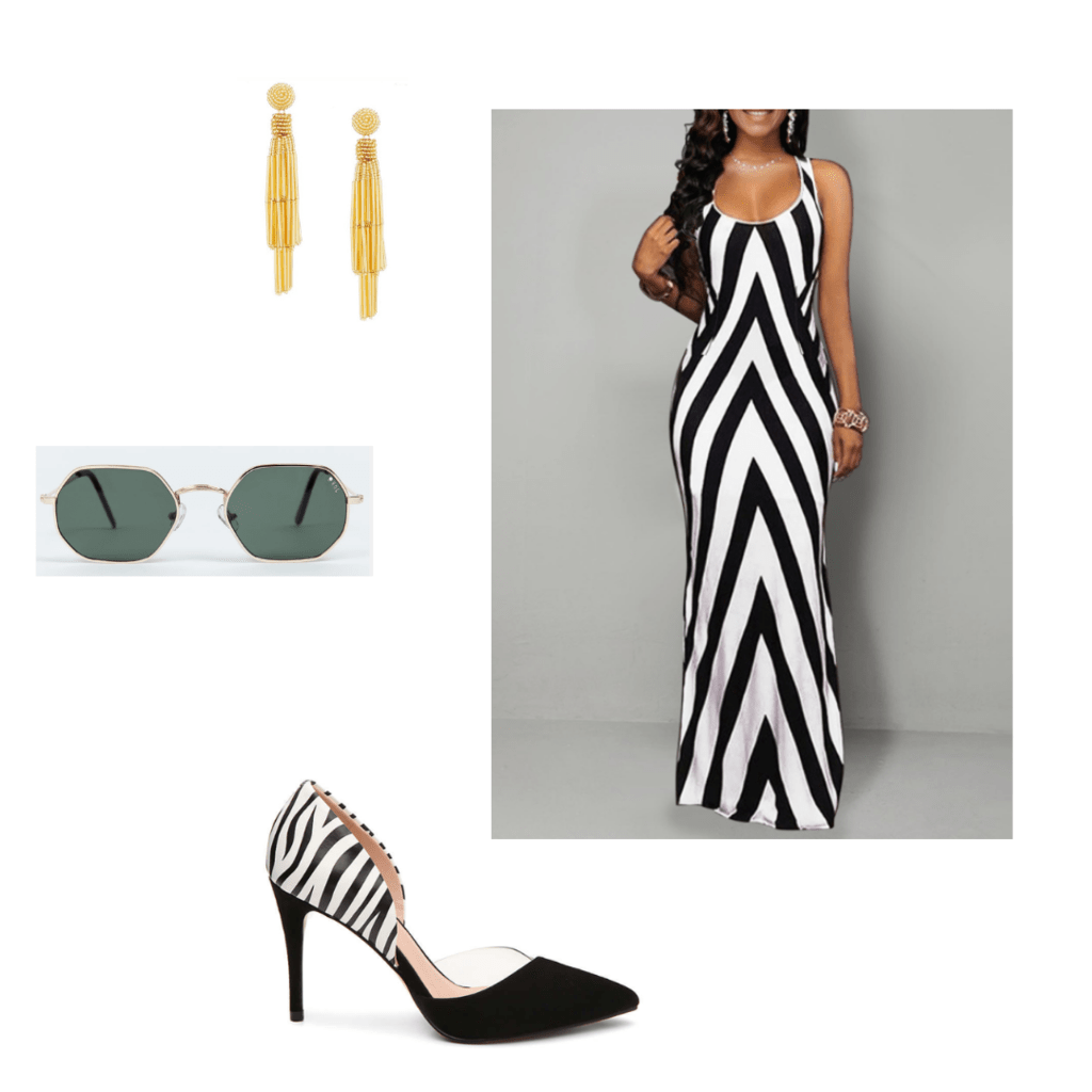 black is king fashion inspiration: chevron black and white dress with zebra print heels