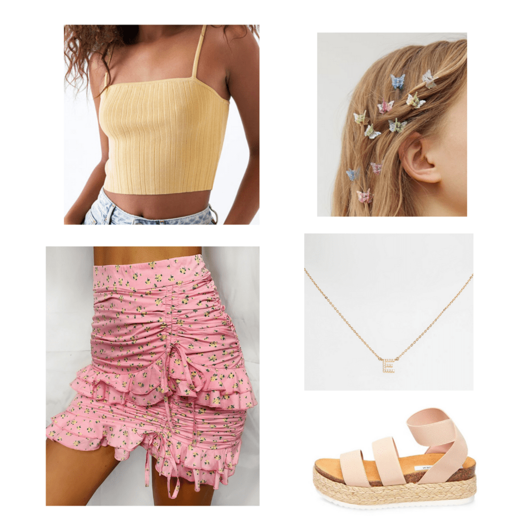 Casual 21st birthday outfit with accessories -- pink ruched skirt, yellow crop top, flatform sandals, initial necklace, butterfly hair clips