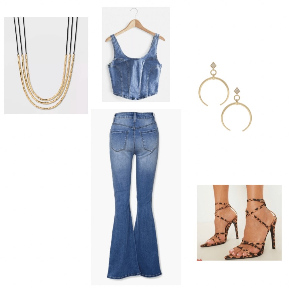 black is king outfit inspiration: denim crop top, denim flare jeans, gold earrings, strappy cheetah print heels, layered necklace