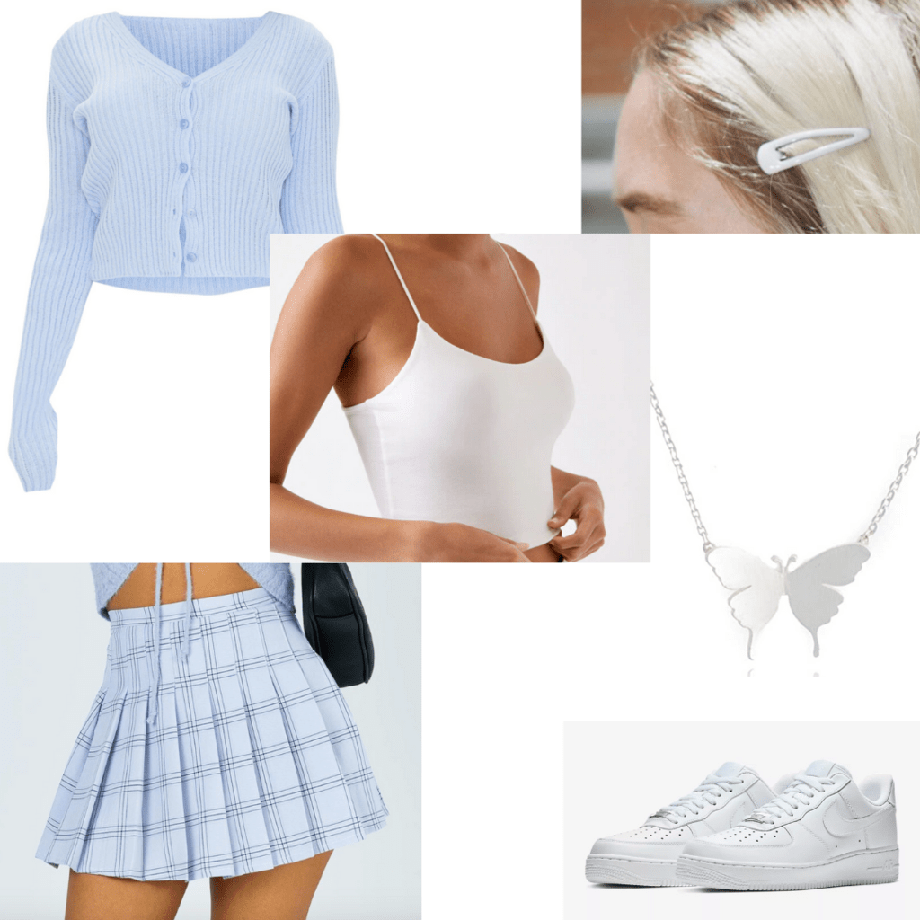 What to wear to a college class: Girly skirt outfit with accessories including plaid skirt, button-front cardigan, air force 1s