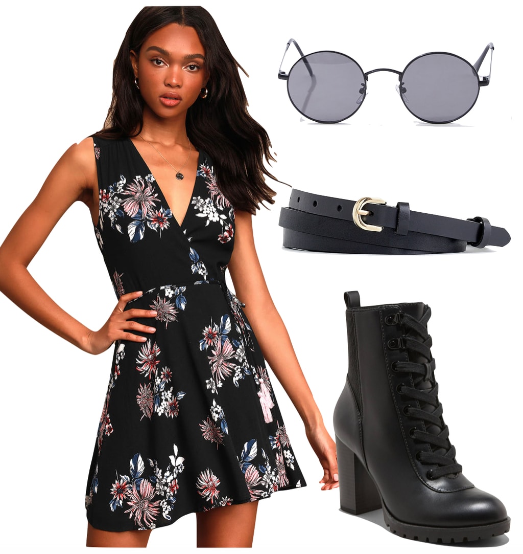 Ayesha Curry Outfit: black floral v-neck mini dress, black round metal sunglasses, black double-wrap belt, and black lug sole heeled booties