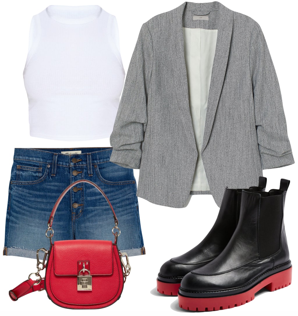 Hailey Bieber Outfit: white crop top, gray blazer, cuffed denim shorts, red handbag, and chunky black boots with red lug soles