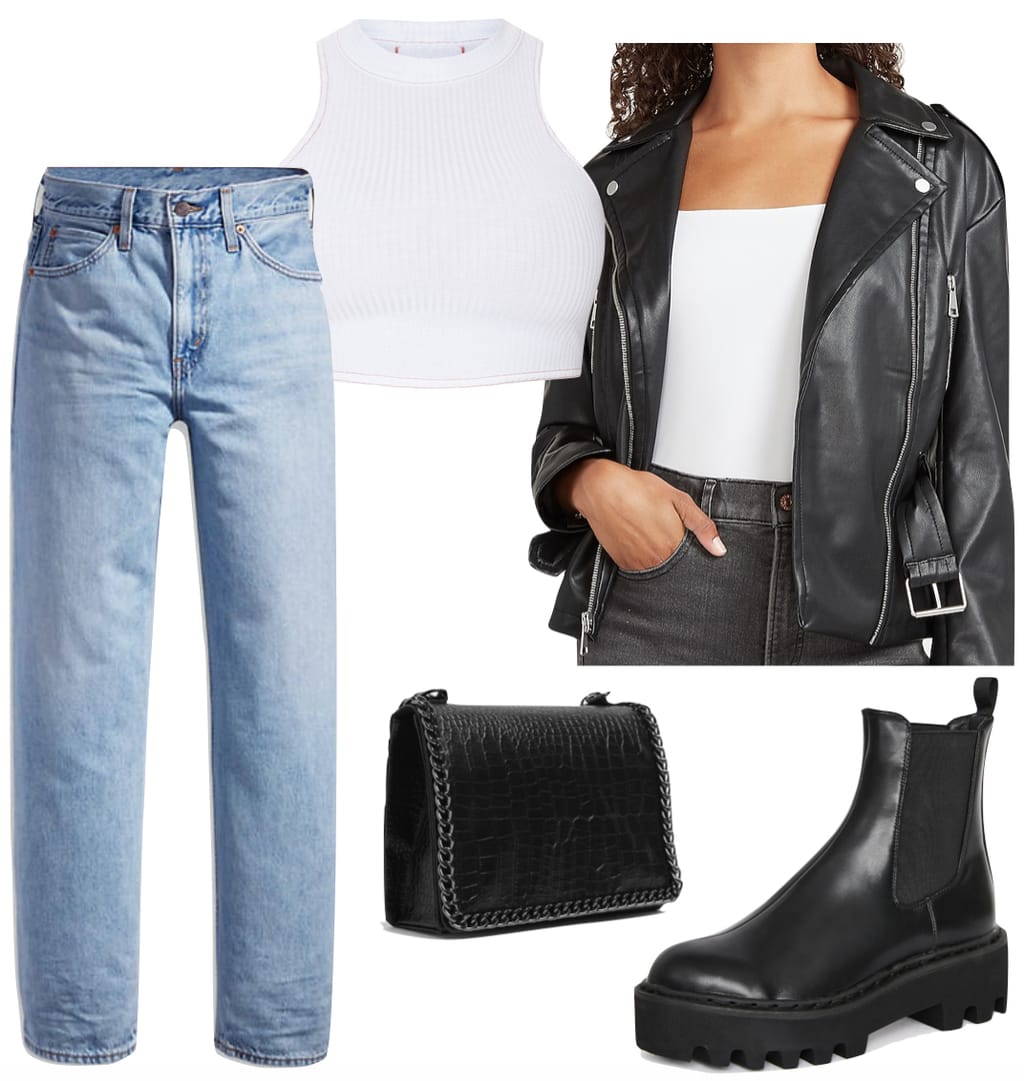 Kylie Jenner Outfit #1: white ribbed crop tank top, dad jeans, faux leather buckle jacket, black chain strap bag, and black chunky ankle boots