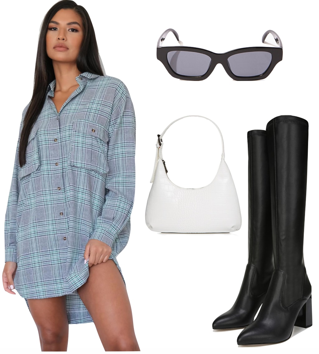 Kylie Jenner Outfit #3: plaid shirt dress, black knee-high boots, black rectangle sunglasses, and a white mini shoulder hobo bag