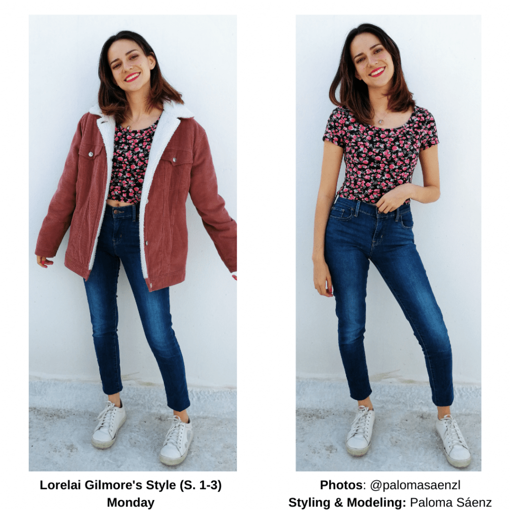 Gilmore Girls outfits - look inspired by Lorelai's style in seasons 1-3 with dark wash jeans, floral top, and oversized pink sherpa jacket