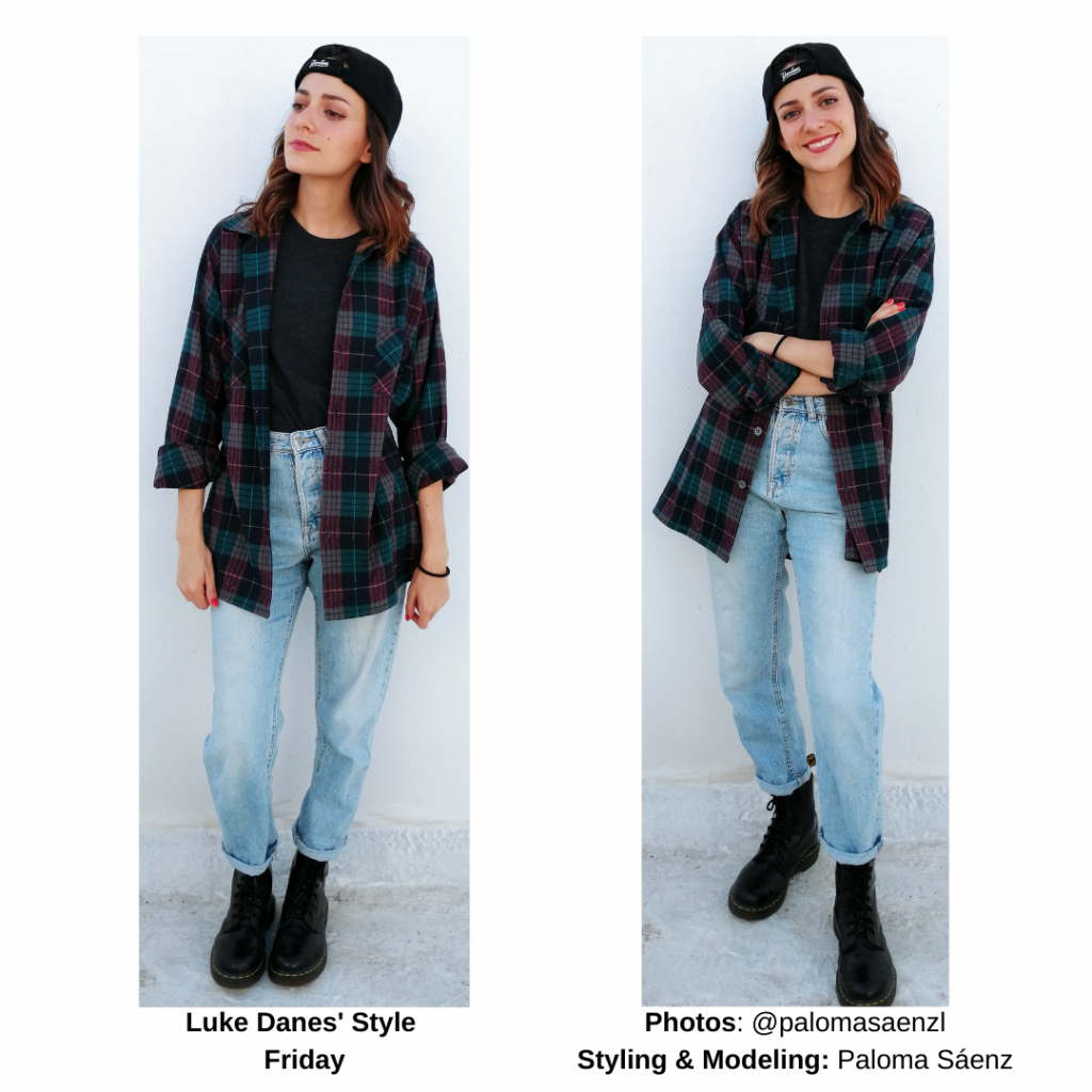 Gilmore Girls outfits - day 5, Luke inspired outfit with baggy jeans, plaid shirt, boots, and backwards hat