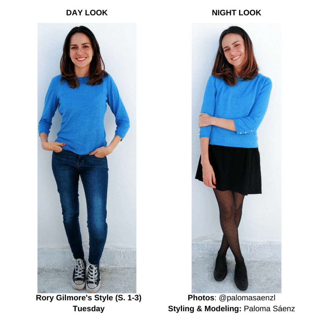 Gilmore Girls outfits - outfit inspired by Rory's style in seasons 1-3 with daytime look featuring jeans and a blue sweater, and nighttime look featuring sweater and black skirt